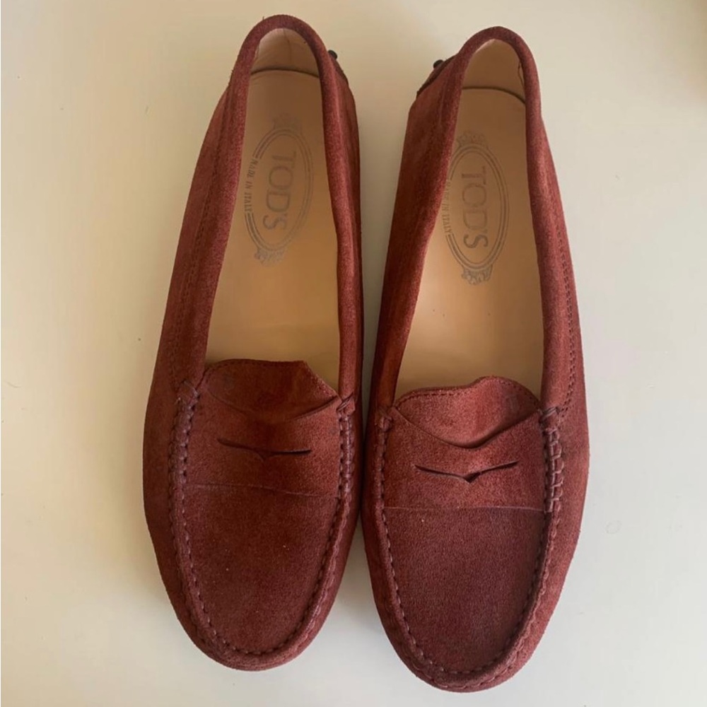 TOD’S Almond Toe Suede Burgundy Loafers